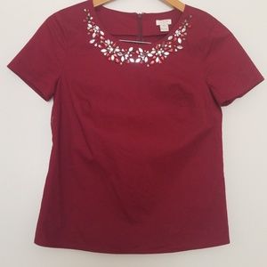 J. Crew Burgundy Embellished Collar Top